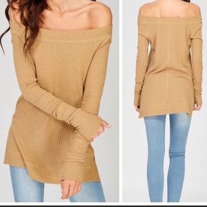 NWT Mustard Off Shoulder Waffle Top